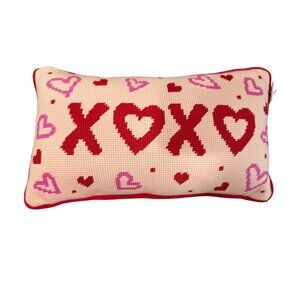 Valentine’s Day “XOXO” Needlepoint Pillow – Pink & Red Heart Accent Cushion